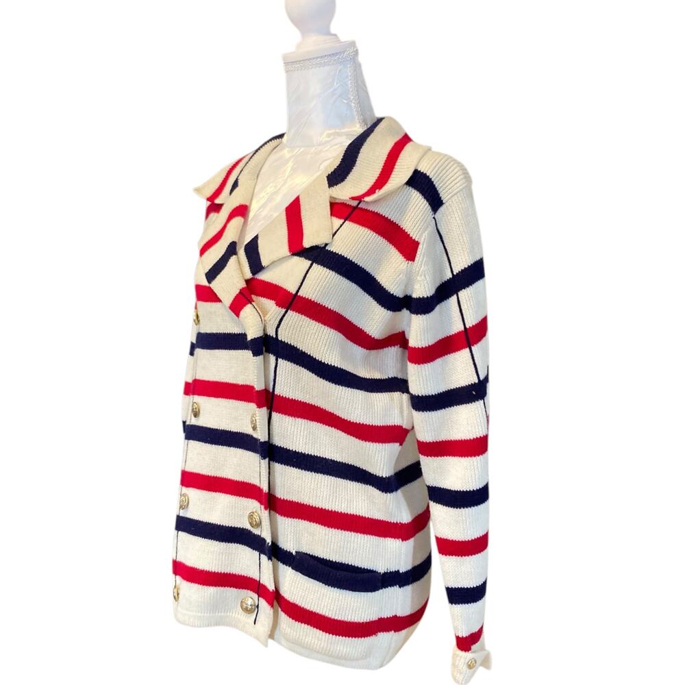 Vintage White Stripe Double Breasted Sweater Jacket Size Medium 50s Nautical - Picture 16 of 16